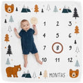 Pondering Pine Organic Baby Monthly Milestone Blanket Boy - Growth Age Blanket for 1-12 Months Milestones with Month Marker Frame and Newborn Announcement Disc, Woodland, Bear, 47”x47” by PonderingPine