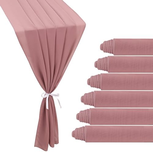 6 Pack 10Ft Dusty Rose Valentine's Day Chiffon Table Runner 29x120 Inches Sheer Fabric Table Runner Romantic Wedding Runner for Thanksgiving Christmas Bridal Shower Decorations （Dusty Rose） by JALANCY