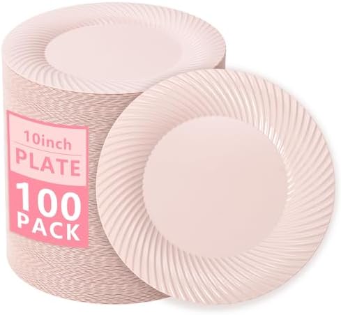 IOOOOO 100Pcs 10" Pink Plastic Dinner Plates, Premium Pink Plates for Party by I00000