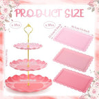 FoldTier 6 Pack Cupcake Stand Set 3 Pcs 3 Tier Gradient Dessert Table Display Stands Cookie Tray Rack 3 X14 in Rectangle Party Trays for Wedding Birthday Tea Party Baby Shower (Pink,Round) - Image 2