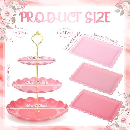 FoldTier 6 Pack Cupcake Stand Set 3 Pcs 3 Tier Gradient Dessert Table Display Stands Cookie Tray Rack 3 X14 in Rectangle Party Trays for Wedding Birthday Tea Party Baby Shower (Pink,Round) - Image 2