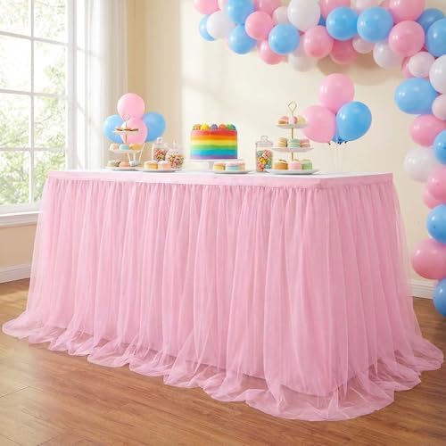 9ft Pink Tulle Table Skirts for Rectangle or Round Tables - Ruffle Tulle Tutu Cloth Table Skirt Party Tablecloth for Wedding Baby Shower Dessert Buffet Banquet Table Decorations - Image 6