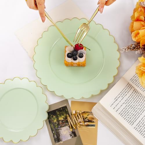 LIYH 60 Pcs Heavy Duty Sage Green Plastic Plates for Weddings, Scalloped - Image 6