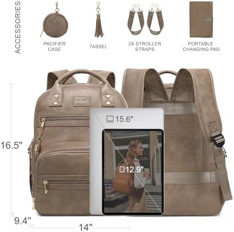 ROSEGIN Premium Vegan Leather Diaper Bag Backpack with Waterproof Changing Pad, Reinforced Zippers & Odor-Free, 20 Pockets Pro Organizer, Fits 15.6" Laptop, Stroller Straps, Baby Bag for Mom, Taupe - Image 5