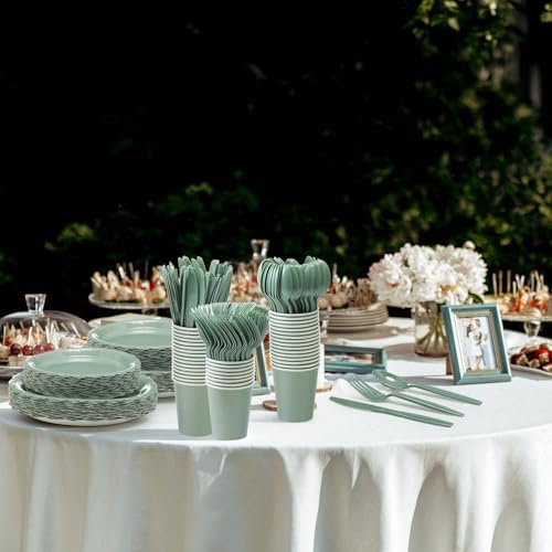 Ziliny 350 Pcs Sage Green Plates and Napkins, 50 Guest Graduation Party Supplies Include Scalloped Paper Plates Napkins Cups Plastic Spoons Forks Knives Disposable Tableware Set for Baby Shower - Image 4