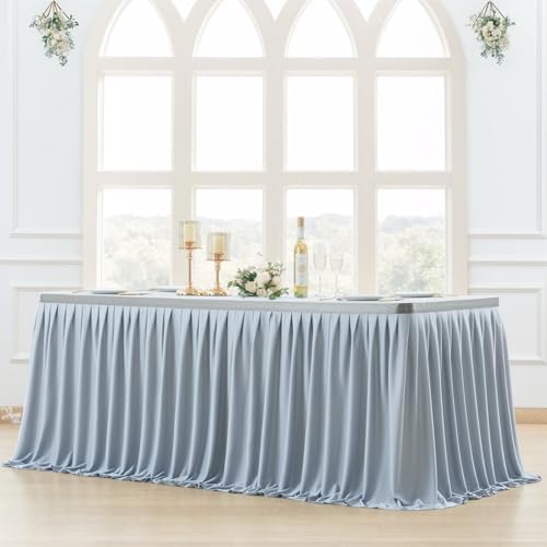 Partisky Gray Polyester Table Skirt for Rectangle Tables 14ft, Wrinkle Resistant Pleated Ruffle Table Cloth for Banquet Wedding Trade Baby Shower Display Gift Dining Table by Partisky