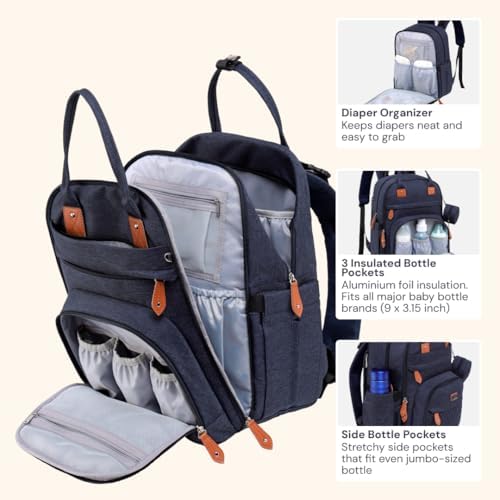 BabbleRoo Diaper Bag Backpack - Baby Essentials Travel Tote - Multi Function Water Resistant Diaper Bag, Travel Essentials Baby Bag with Changing Pad, Stroller Straps & Pacifier Case - Navy Blue - Image 4