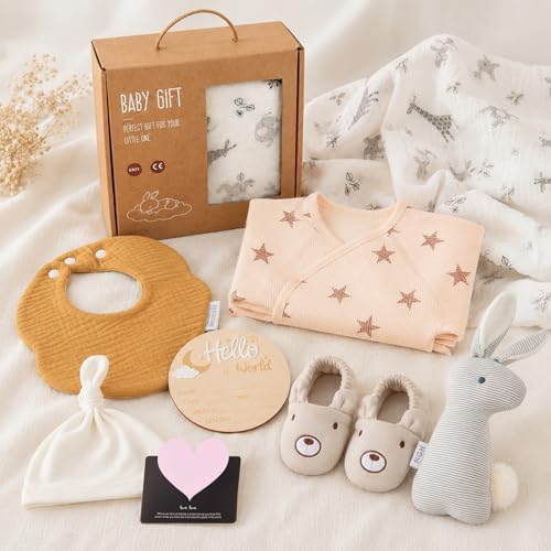 Golray Baby Gift Set for Newborn Boys & Girls, 8 Piece Basket with Cotton Wrap Footed Onesie, Muslin Swaddle Blanket, Bib, Hat, Baby Shoes, Plush Bunny, Milestone Card & Gift Box - Image 7