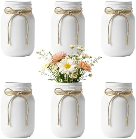 6 PCS 16oz Glass Mason Jars Flower Vases for Centerpieces, White by ZHURUININ