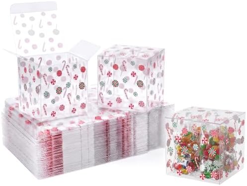 ReliThick 50 Pcs Christmas Clear Favor Boxes 3x3x3 Inch, Xmas Candy Box by ReliThick