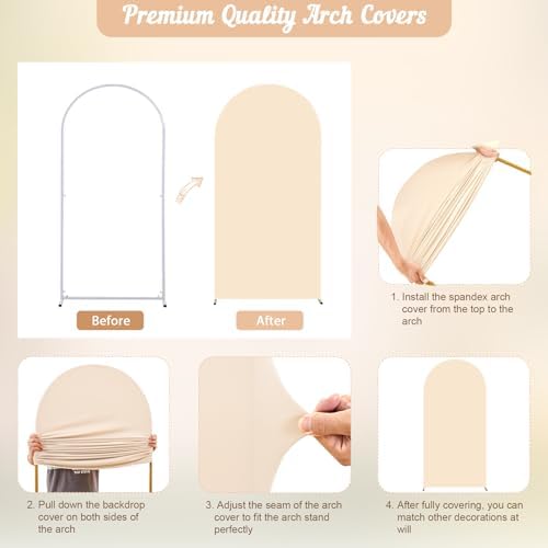 Champagne Arch Backdrop Cover 2 Set - 7.2FT, 6FT Spandex Fitted Wedding Arch Stand Covers Round Top Chiara Arch Backdrop Stands Cover for Birthday Parties Banquet Photo Background Decoration - Image 7