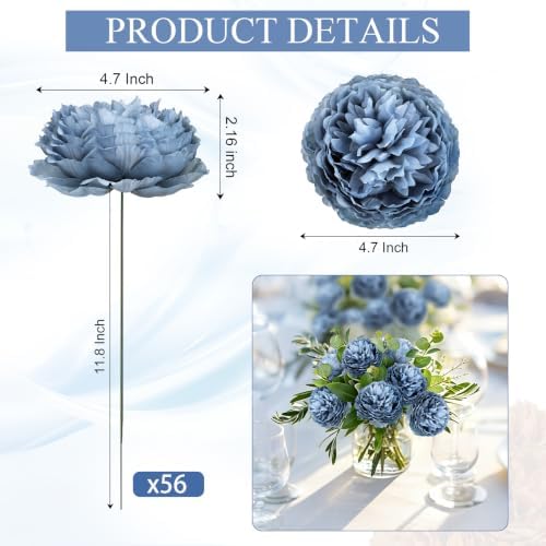 56 Pcs Peonies Artificial Flowers, 4.7’’ Fake Peony - Dusty Blue - Image 2