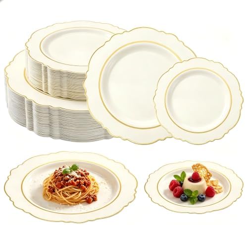 realluck 200Pcs Ivory and Gold Plastic Plates Scalloped Plates by Realluck