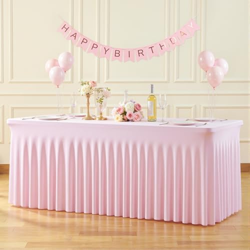 2 Pack Pink Spandex Tablecloths for Rectangle Tables 8 Foot Pink Stretch Table Cloth Rectangle 8ft Elastic Fitted Table Cover with Skirt for Wedding Baby Shower Girl Birthday Party Banquet Buffet - Image 3