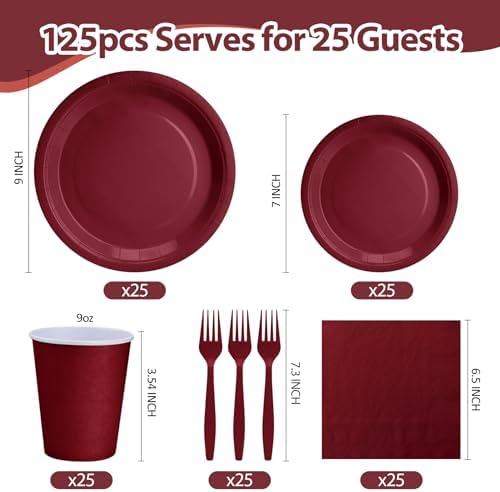 Burgundy Plates and Napkins Party Supplies, Include 9’’Disposable Burgundy Paper Plate, 7’’Dessert Plates and Cups and Napkins Forks Set for Birthday, Anniversaries, Wedding, Serves 25 - Image 2