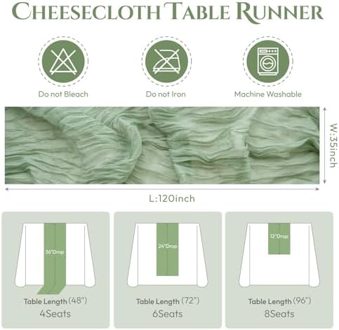 Sioloc 10 Pack Sage Green Cheesecloth Table Runner 120'' x 35'',Spring Easter Decor Soft Gauze Boho Wedding Table Decor for 10ft Table Birthday Party,Baby Shower, Bridal Shower, Home & Event Decor - Image 6