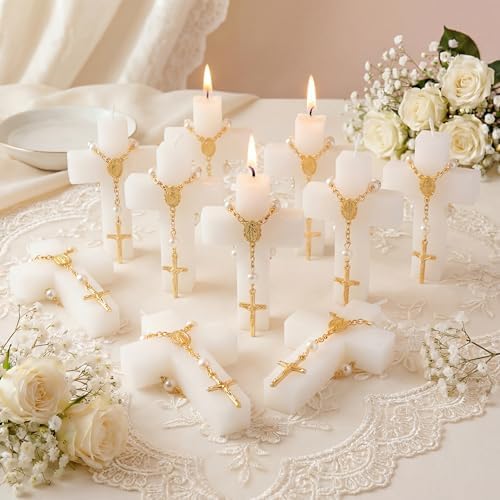 Kenning 24 Sets 72 Pcs Baptism Favors for Guests with Cross Candles Rosaries Organza Bags First Communion Gifts for Baptism Christian Souvenirs Gifts First Communion Wedding Baby Shower by Kenning
