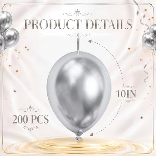 Gejoy 200 Pcs Link Balloons Latex Party Decor,Metallic Silver,10 Inch - Image 2