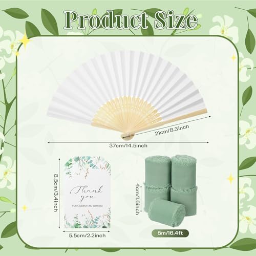 50 Sets Wedding Fan Favors for Guests, White Folding Hand Fans with Thank You Tags and Chiffon Ribbon, Wedding Guest Gifts for Bridal Shower, Baby Shower and Church Events(Green,Leaves) - Image 3