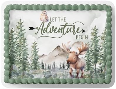 ADVENTURE BEGINS BABY SHOWER CAKE TOPPER, OH BOY BABY SHOWER, ADVENTURE BEGINS DECORATIONS, ADVENTURE BEGINS CAKE TOPPER, WOODLAND CAKE TOPPER, MOOSE BABYS SHOWER (11.75'' x 16.25'' 1/2 SHEET) by Handmade