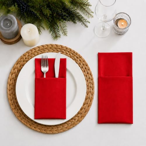 100 Pcs Red Napkins Disposable Linen Feel Dinner Paper Napkins with Built-in Flatware Pocket, 16inch x 16inch Airlaid Paper Pre-Folded Napkins for Silverware Baby Shower Easter Wedding Birthday Party - Image 2