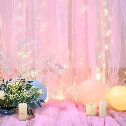 20ft x 10ft Pink Tulle Photo Backdrop Curtain with Lights String for Baby Shower Sheer Baby Pink Curtain Backdrop for Birthday Party Wedding Photo Booth Photography Background Decorations - Image 6