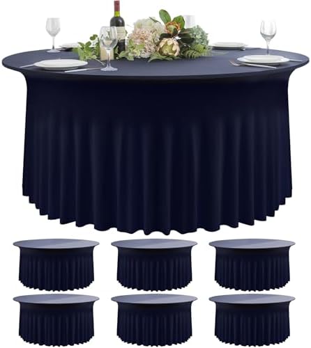 6 Pack Navy Blue Round Spandex Tablecloth 60 Inch, Wrinkle Free Stretch 120 Inch Fitted 5ft Navy Table Cloths Round Table Covers with Ruffle Skirt for Graduation Party Wedding Banquet by Nobed+HHT