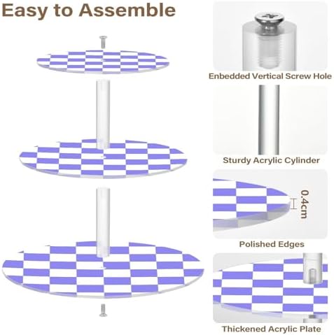 J JOYSAY Checkerboard White Light Purple Print Acrylic Cupcake Stand 3 Tier Dessert Table Display Set Clear Cake Stands for Wedding Baby Shower Party Decorations Easy Assembly Pastry Tower - Image 2