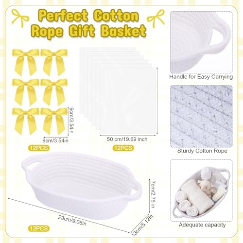 White 12 Set Small Woven Gift Basket with Gift Bags Ribbons Empty Gifts Baskets Woven Rope Storage Basket with Handles for Birthday Baby Shower Nursery Toy Organizer 9.1"x 5.1" x 2.8" - Image 2