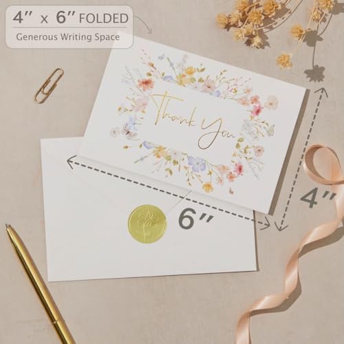 100 Floral Thank You Cards With Envelopes & Stickers - Pretty Wildflower & Gold Foil Assorted Greeting Notes pack for Wedding, Baby & Bridal Shower - Cute 4x6 Large Blank Flower Bulk Box Set - Image 5