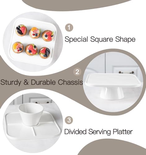 10" Square Ceramic Cake Stand 5-in-1 - White Pedestal Serving Platter for Wedding Birthday Party Baby Shower, Dessert Cupcake Fruit Display Stand, Multifunctional Kitchen Centerpiece - Image 3