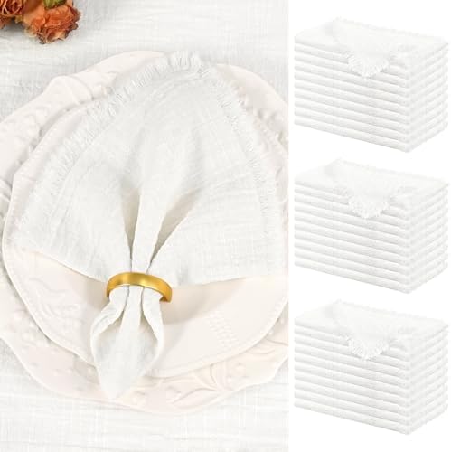 Showgeous 30 Pack White Cloth Napkins with Fringe, 16x16 inch 100% Cotton by Showgeous