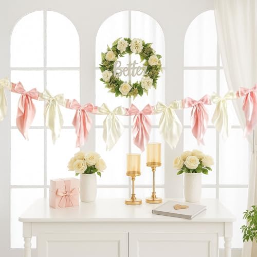 2pcs White Pink Bow Garland Banner 82.7 inch, Satin Ribbon Bow Decorations for Birthday Bachelorette Engagement Wedding Party and Anniversary Decor - Image 5