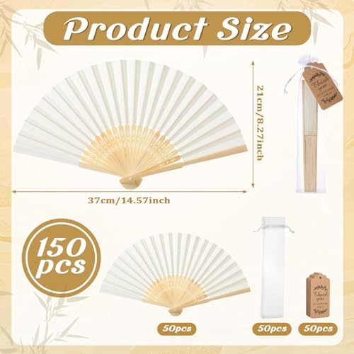 Roowest 50 Pack Paper Folding Fans Bamboo Wedding Favors, Beige - Image 2