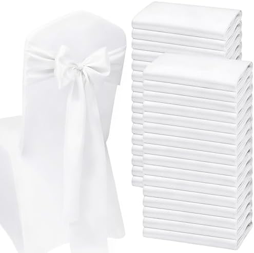 25 Pcs White Chair Sashes, Wedding Bow Decor 108in x 7in, Polyester Fabric Sash Ties for Banquet Seating, Folding Chairs, Reception Aisle, Party Decorations by LDXDRU