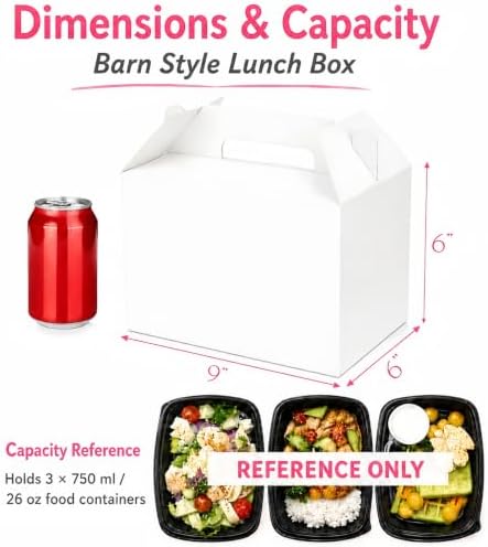ZOOFOX 50 Pack White Gable Boxes 9x6x6 Inches, Large Greaseproof Cardboard Treat Boxes with Handles, Party Favor Boxes for Baby Shower, Food, Birthdays, Barn Style Lunch Boxes - Image 2