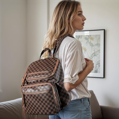 Omanmoli Checkered Diaper Bag Backpack Large Baby Diaper Bag Leather with 17 Diaper Bag Organizing Pouches,Changing Pad,Stroller Straps,4 Insulated Pockets, Coffee - Image 2