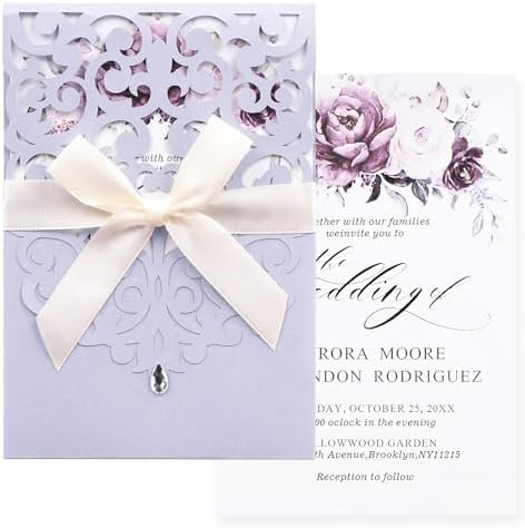 50PCS Blank Wedding Invitations with Envelopes and RSVP Cards Light Purple by Maffily