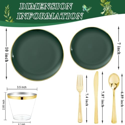 WDF 150Pcs Green Plastic Plates - Green Plates Disposable with Gold Rim - 25Guest Disposable Dinnerware Include 50 Plastic Plate 75 Gold Cutlery 25 9oz Cups for Wedding/Party/Birthday - Image 2