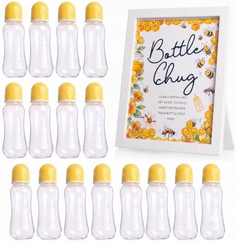 Funny Bottle Chug Baby Shower Drinking Game for 15 Guests, Includes 15 Pack 8.5oz Baby Bottles with Nipples & Standing Wood Framed Sign, Western Cowboy Baby Shower Favors & Party Activities(Yellow) by Unknown