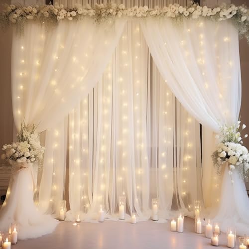 20×10ft White Tulle Backdrop Curtain with Lights String for Parties, Sheer Photo Backdrop Curtains for Wedding Ceremony Birthday Party Bridal Shower Decoration by WishCare