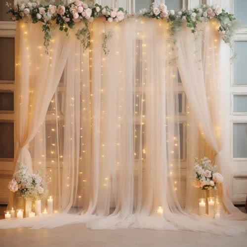 20×10ft Champagne Tulle Backdrop Curtain with Lights String for Parties, Sheer Curtain Backdrop Drapes for Wedding Party Photography Background by WishCare