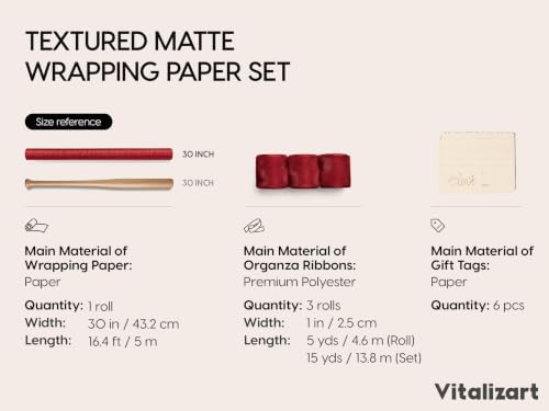 Vitalizart Red Textured Wrapping Paper Set 30" Organza Ribbon & Gift Tags - Image 2