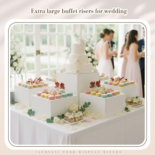 Leinuosen 7 Pcs Extra Large Buffet Risers Set 8" to 14" Acrylic Display Box Square Catering Dessert Table Riser Food Display Decorative Stand with Hollow Bottom for Catering Supplies(White) - Image 4