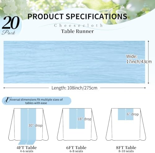 20 Pack Light Blue Cheesecloth Table Runner, 17x108 Inch Semi Sheer Boho Gauze Cheese Cloth Fabric Table Runners for Wedding Party Baby Shower Birthday Garden Farmhouse Table Decor - Image 2