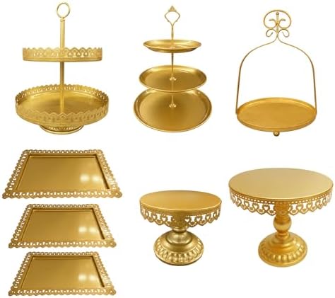 8 Pcs Cake Stands Set Metal Dessert Table Display Tiered Cupcake Holder Candy Donut Fruit Plate Cake Serving Tray with Handle Treats Serving Tower for Wedding Birthday Party Decorations (Gold) - Image 2