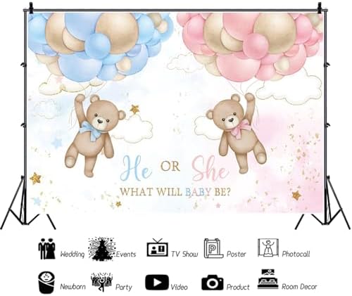 8x6ft Bear Gender Reveal Backdrop Baby Boy or Girl Pink or Blue Balloons Photography Background What Will Baby Be Banner Decorations Party Supplies Photo Booth Props - Image 2