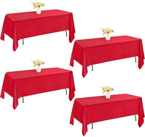 4 Pack Rectangle 60x102 Inch Red Polyester Table Cloth Washable Table Cover for Wedding Dining Table Buffet Parties Banquet Decoration（Red） by JALANCY