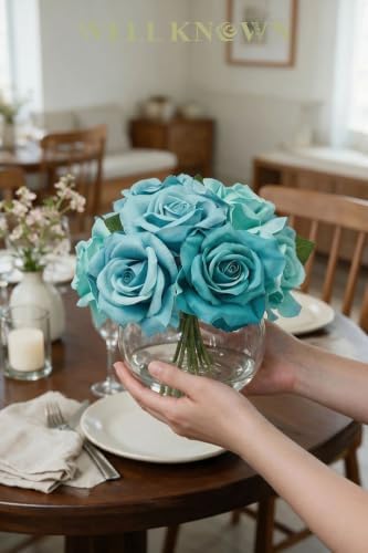 WELL KNOWN Artificial Rose Flowers with Glass Vase, Teal Blue Flower Decor - Image 6