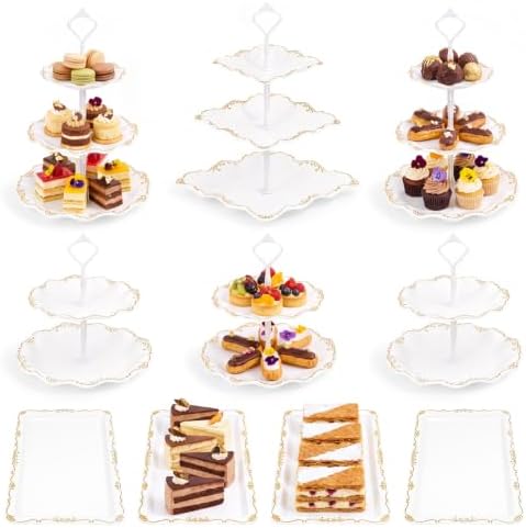 10 Pcs Cupcake Stand,Dessert Table Display Set with Gold Rim,3 x Three-Tier and 3 x Two-Tier Cake Stands,4 x Appetizer Serving Trays for Birthday, Wedding, Baby Shower,Tea Party (White) by Unknown